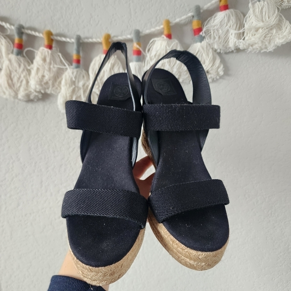 Tory Burch Espadrille Wedge Slingback Black Canvas Sandal Boho Chic Comfort 10 - Picture 3 of 11